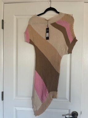 NWT Asymmetric Ribbed Knit Dress in Beige, Brown & Pink
